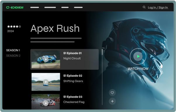「Apex Rush」シリーズのストリーミングサービスのインターフェース。「Night Circuit」や「Shifting Gears」といったシーズン1のエピソードが表示されている。画面にはレーサーの画像と「Watch Now(今すぐ視聴)」ボタン。上部のメニューにはシリーズ、映画、人気番組、スポーツ、キッズ、サインイン、登録などのオプションがある。