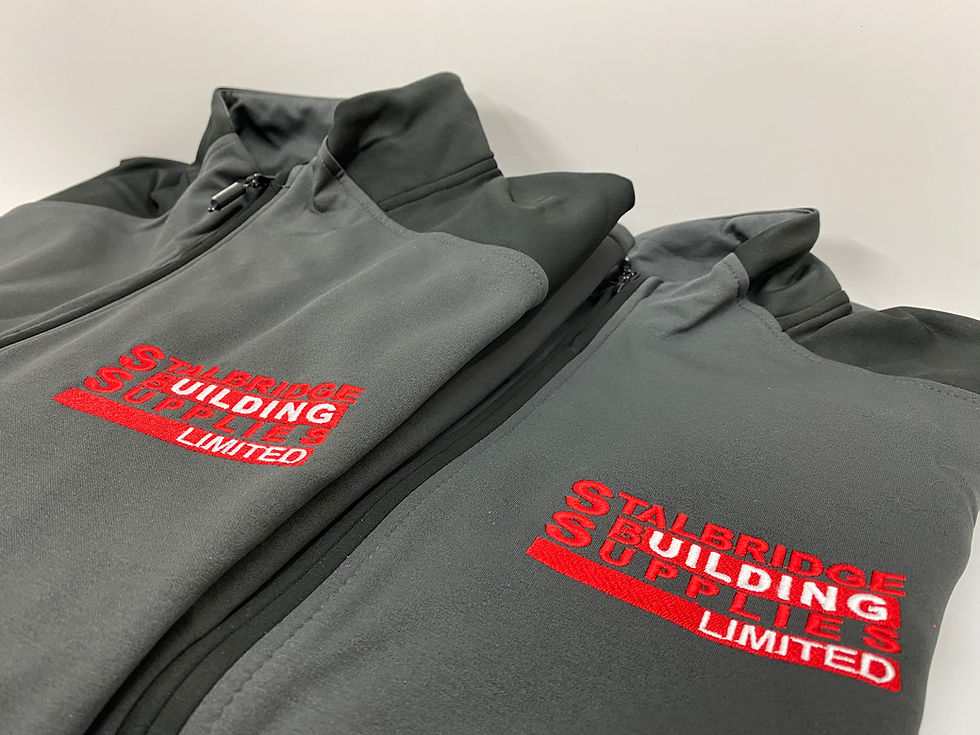 Embroidered Stalbridge Building Supplies logo on softshell jacket
