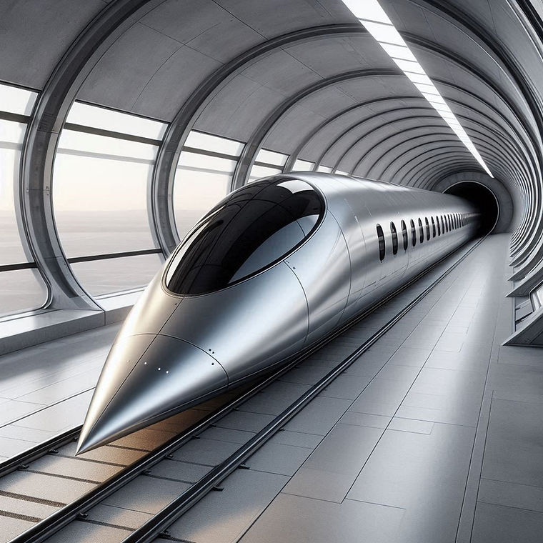 A maglev vehicle with a sharp, aerodynamic nose designed for hypersonic travel, inside a s