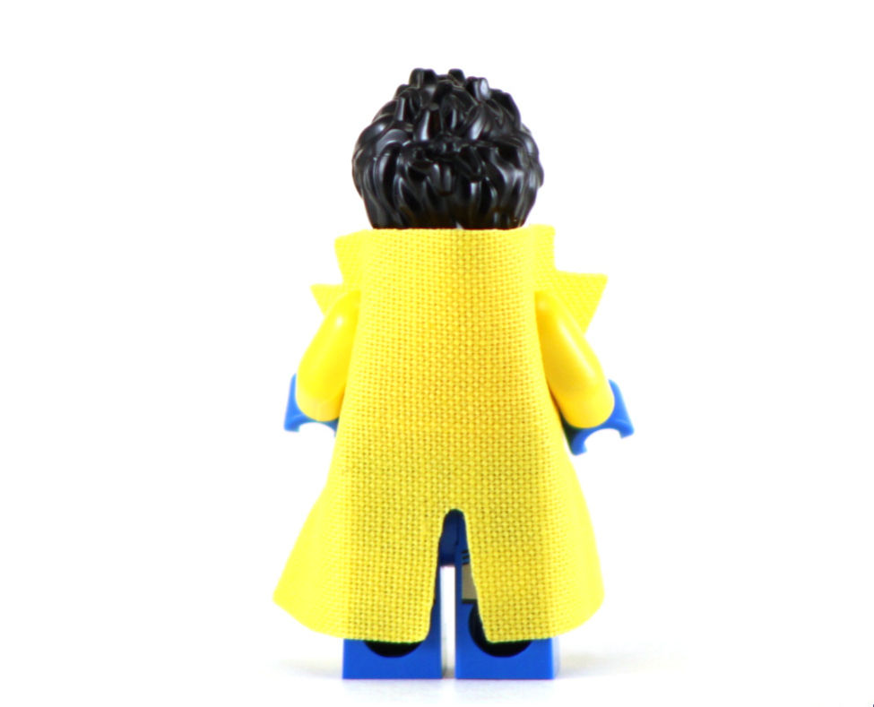 Thumbnail: Back of a custom minifigure with black hair and a yellow cape