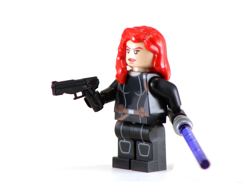 Thumbnail: Black Widow minifigure holding pistol and purple saber