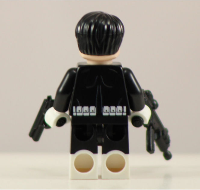 Thumbnail: Custom building brick figure, back view, holding two guns