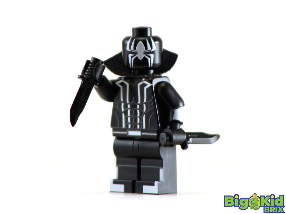 Thumbnail: Black LEGO minifigure with spider emblem, holding knife
