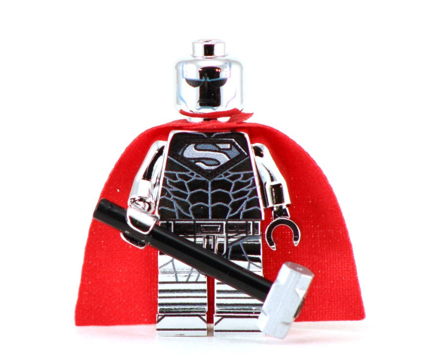 Thumbnail: Custom building brick figure with metallic silver body, red cape, and hammer