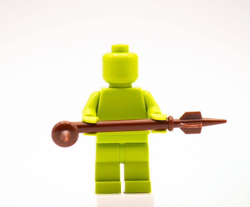 Thumbnail: CRIMSON RAVEN brick figure with brown Gaffi stick building brick accessory