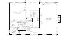Floor plan drawing showing bedroom, kitchen, living room, and bathroom layout