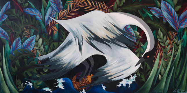 crane bird with blue tipped wings catching an orange koi fish out of Japanese style waves. bright blue and red leaves and lush jungle.