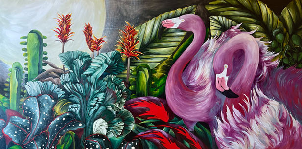 2 flamingos in the moonlight with euphorbias, cactus and jungle plants in the background.