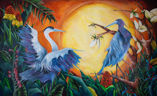 Two blue herons in a lush jungle with red hot fire poker flowers, dark pink foxgloves and a magnolia tree at sunset with a giant sun in the background