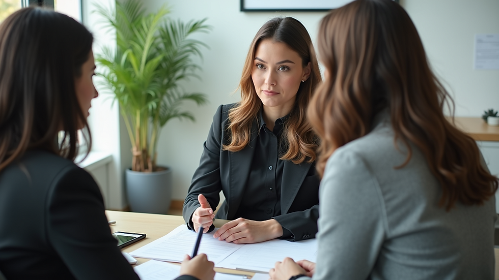 High angle view of a real estate agent discussing documents with a client in an office