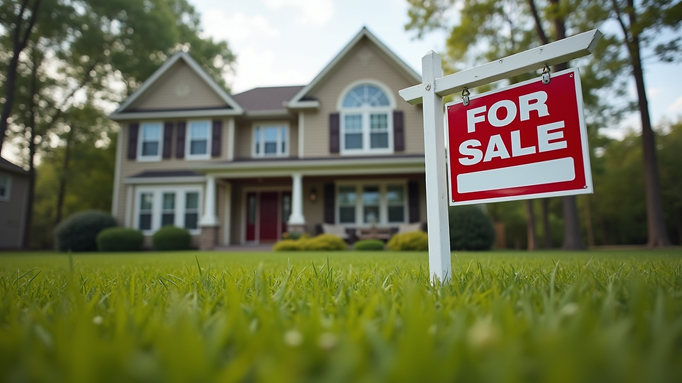 Eye-level view of a suburban house with a "For Sale" sign in the front yard