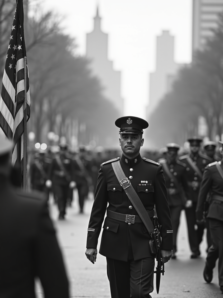 A vintage style monochrome patriotic parade captured with historical elements.