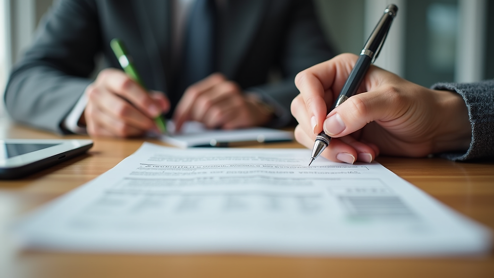 Close-up view of hands signing real estate documents on a wooden table