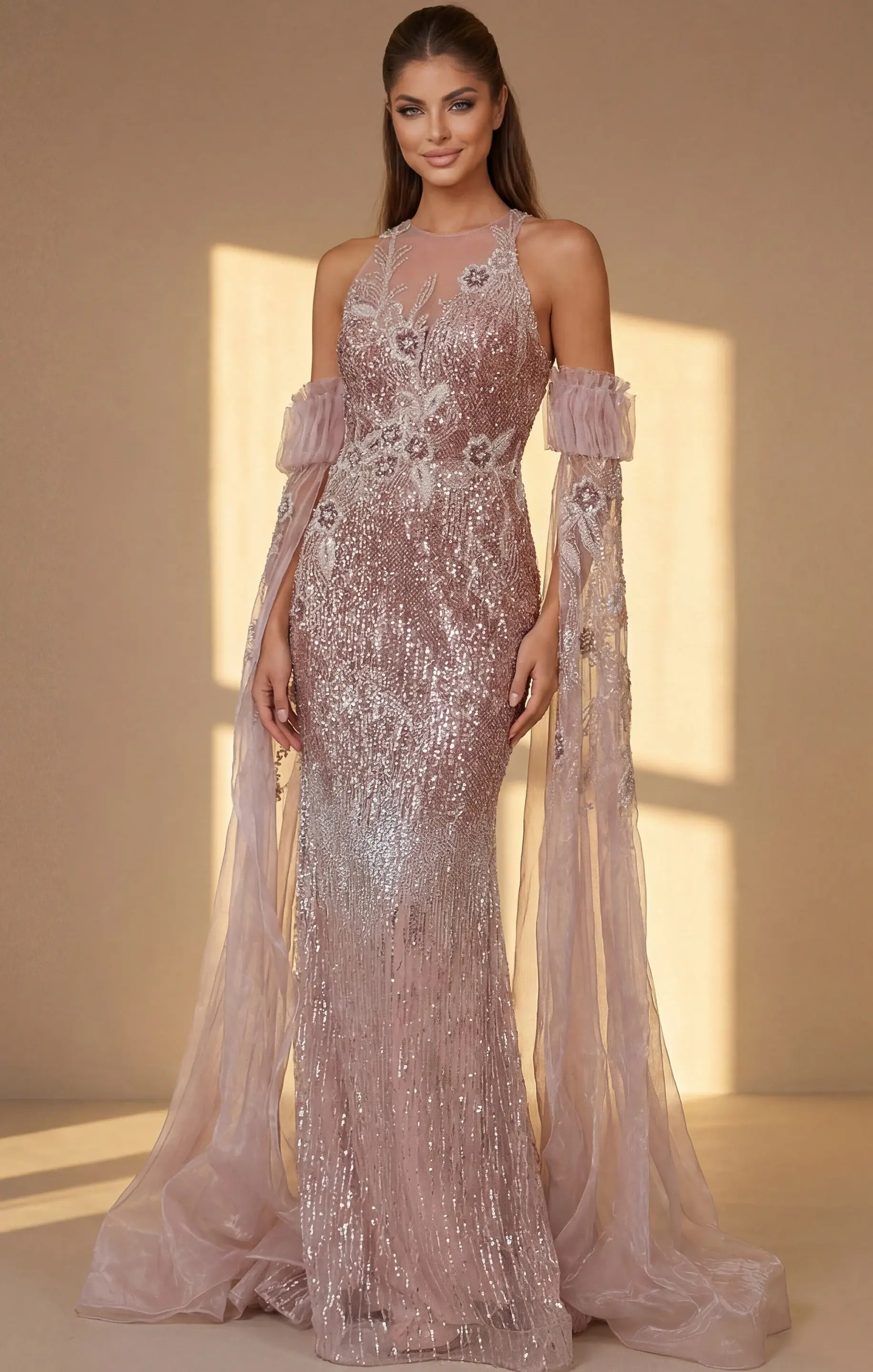 Jovani Embellished Sheer Sleeve Gown with Halter Neckline 46674