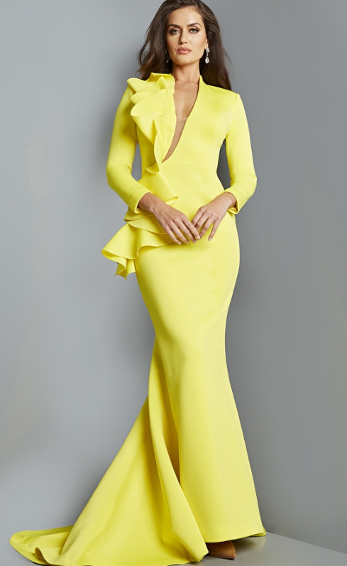 Miniatura: JOVANI 07934 Yellow Fitted Three Quarter Sleeve Evening Dress