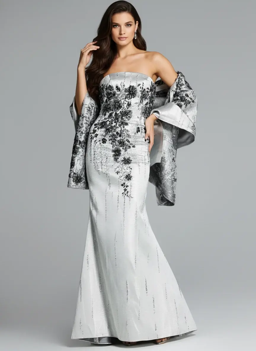 Jovani Elegant Strapless Fit and Flare Gown with Floral Embellishments 40166