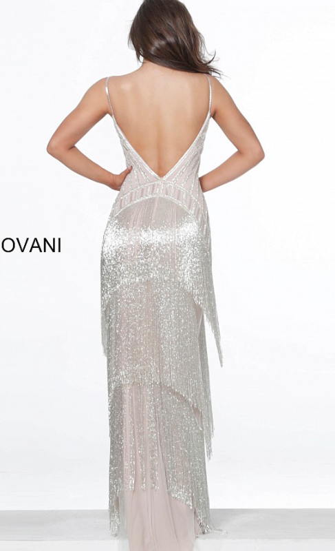 Thumbnail: Jovani 8101 Silver Nude Fringe Plunging Neck Dress