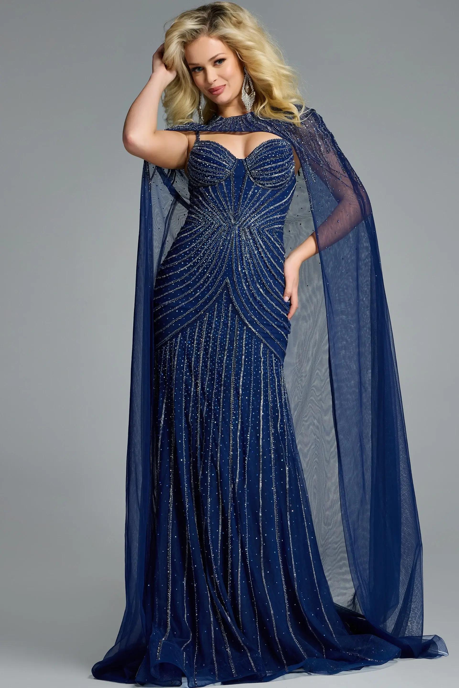 Jovani Embellished Sweetheart Gown with Draped Cape 44840