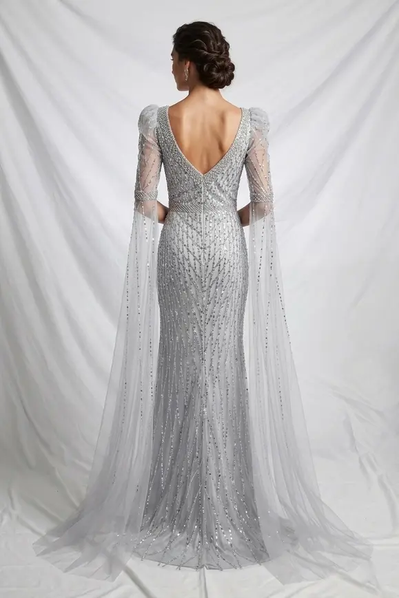 Thumbnail: Beaded Sequin Gown W/ Floor Length Sleeves