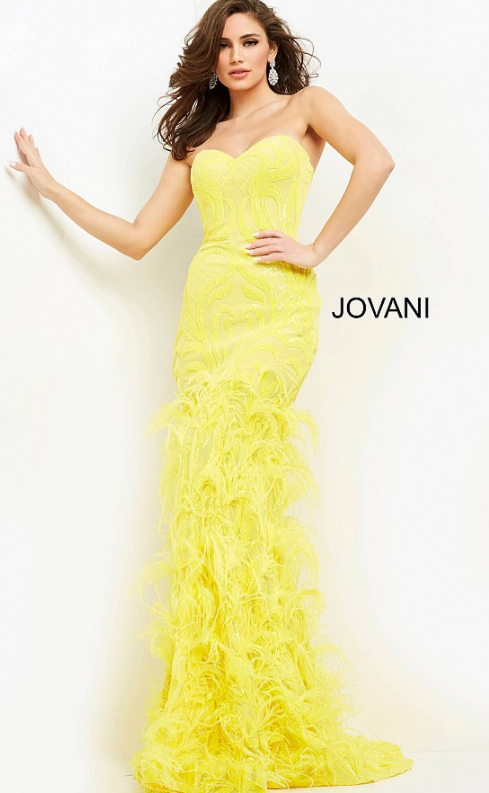 Thumbnail: Jovani 05667 Feather And Sequin Yellow Gown