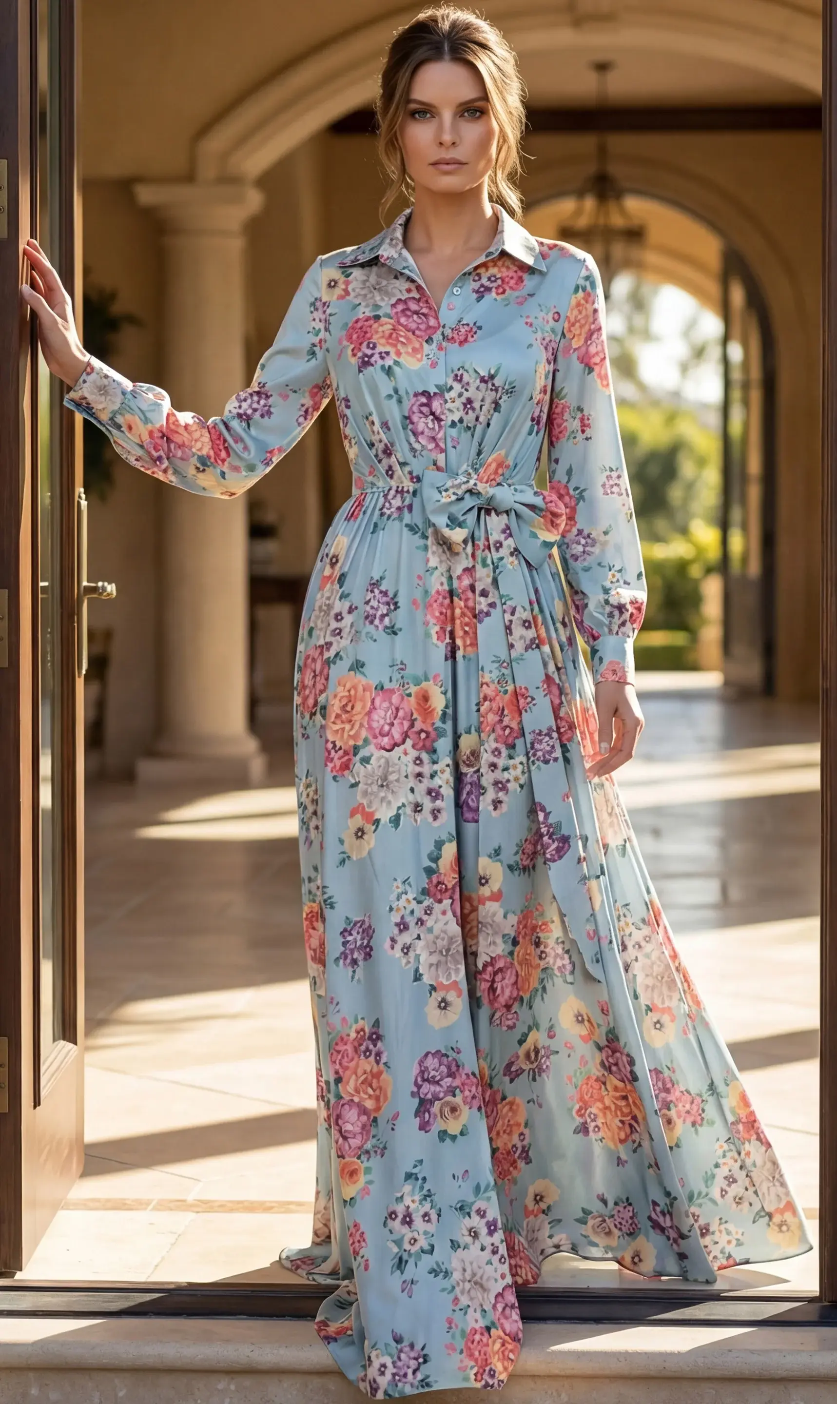 Jovani Floral Print Long Sleeve Chiffon Gown 49470