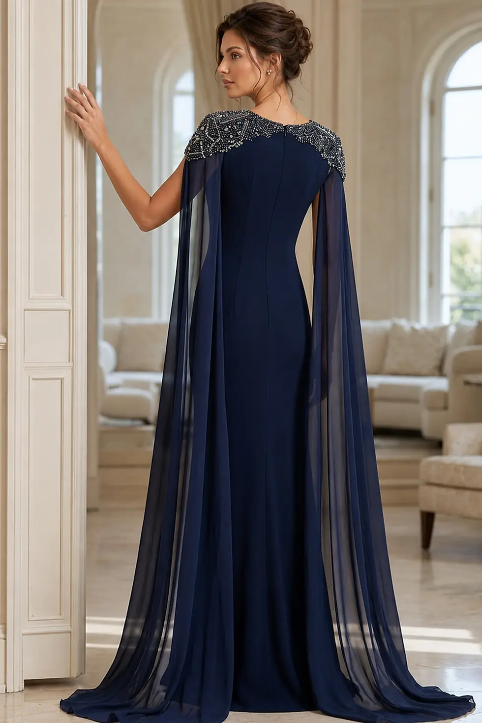 Thumbnail: Jovani Green Cape Gown with Embellished Shoulders 40000
