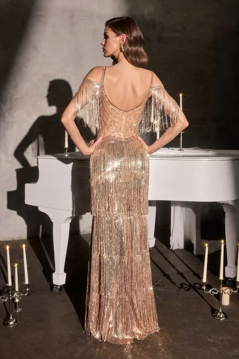 Thumbnail: Off Shoulder Sequin Fringe Prom Dress Beaded Fitted Evening Gown