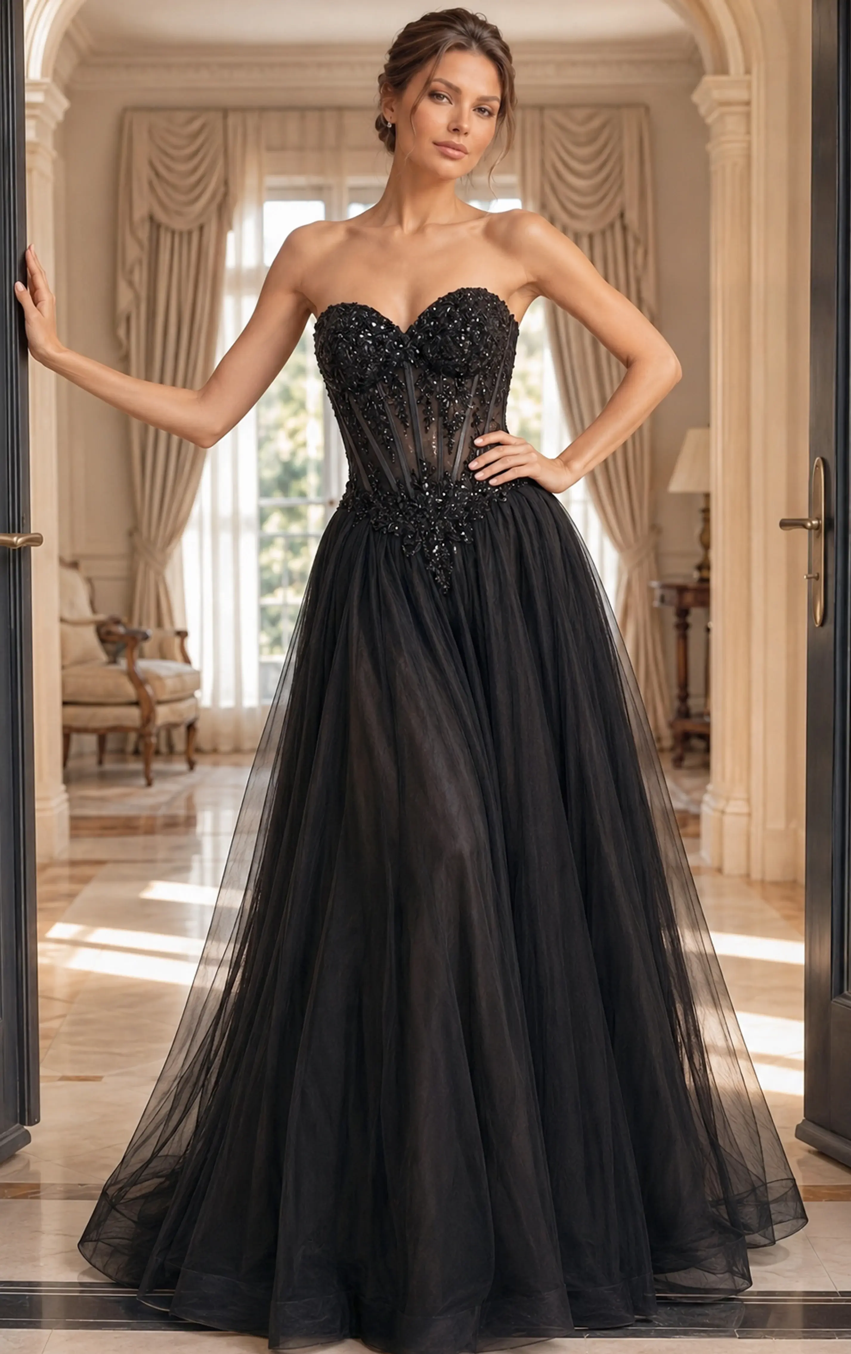 Jovani Beaded Floral Lace Strapless Tulle Gown 50011