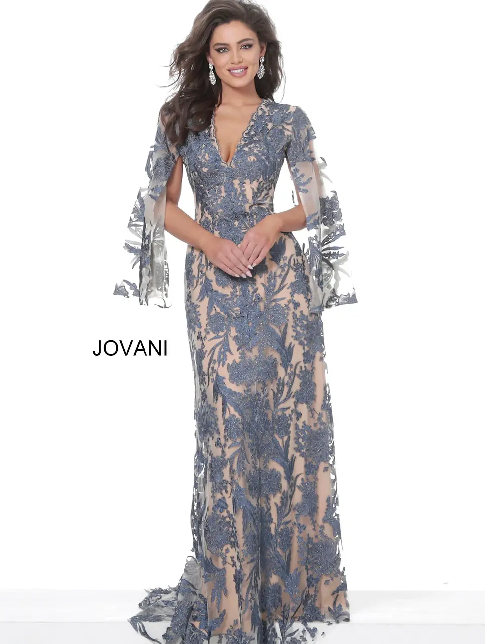 Thumbnail: Jovani 00752 Navy Nude V Neck Lace Mother of the Bride Dress