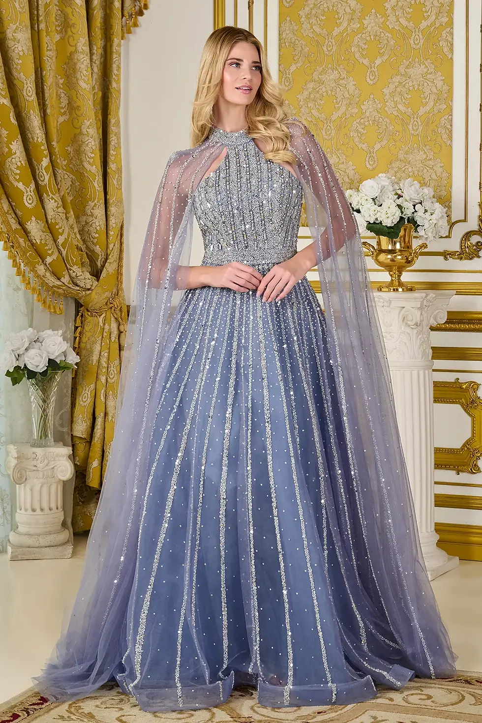 Thumbnail: Intricately Crystals Embellished Long A-Line Mother Of The Bride Gown GLGL3669