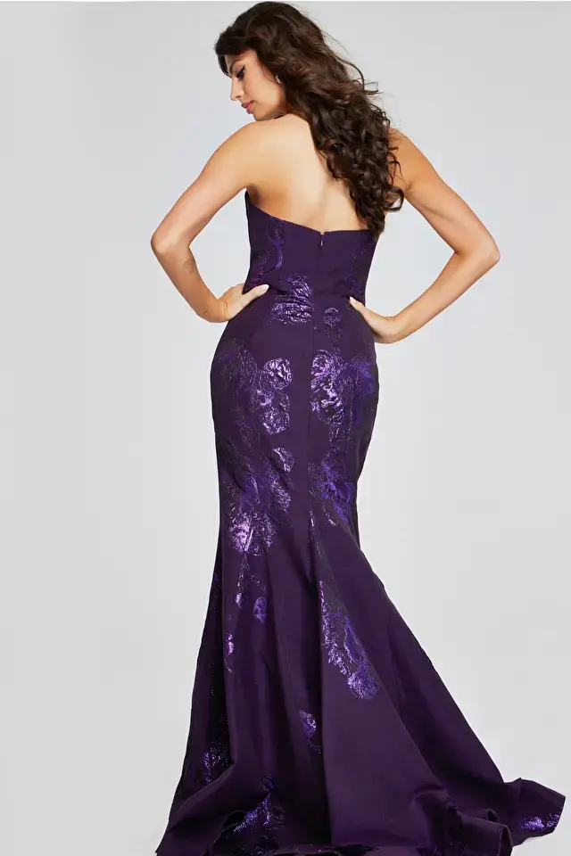 Thumbnail: Jovani Elegant Purple Strapless Gown with Shimmering Floral Pattern 40318