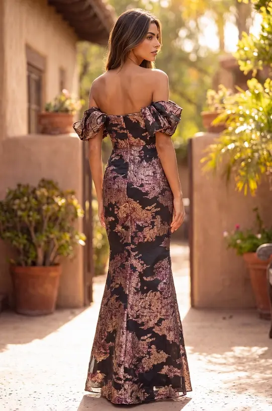 Thumbnail: Brocade Off Shoulder Couture Evening Gown