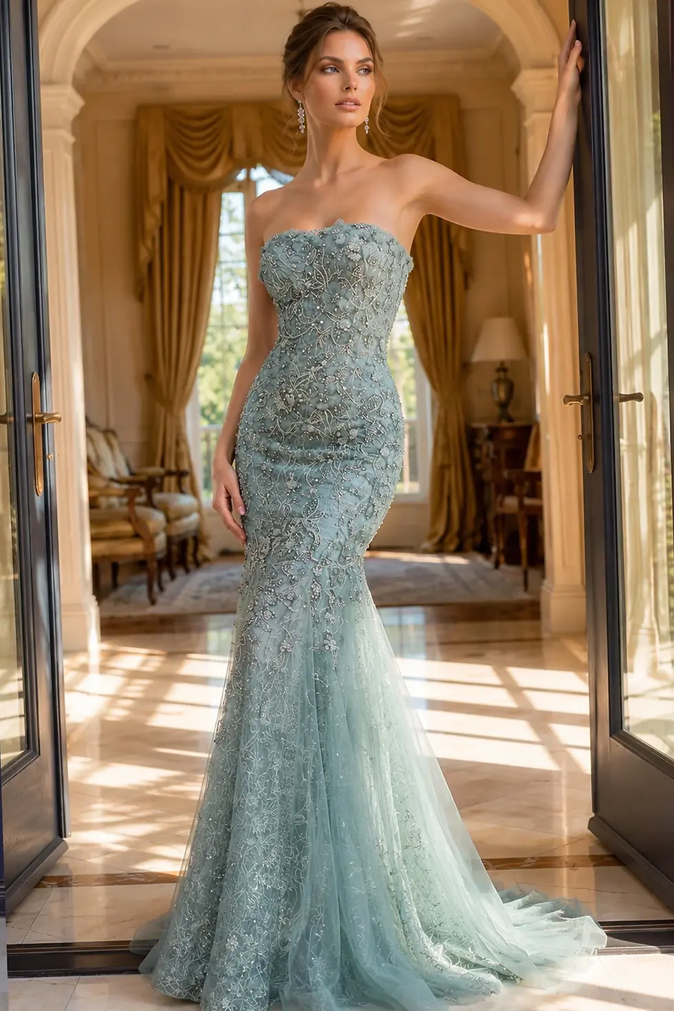 Thumbnail: copy of Jovani Embellished Mermaid Gown With Tulle Skirt 48476