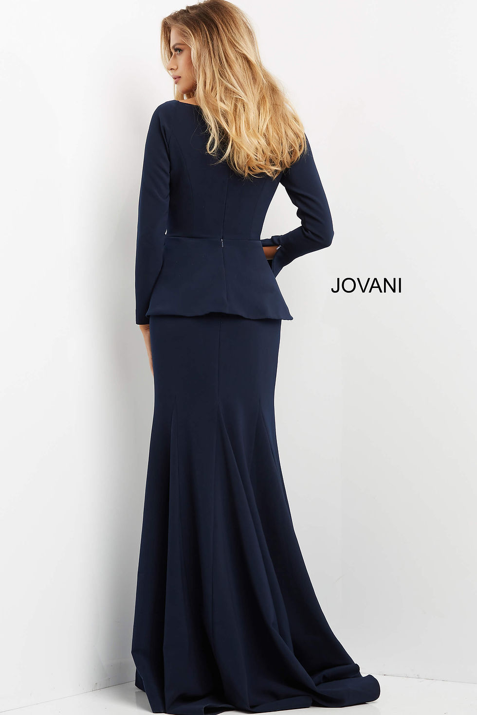 Thumbnail: Jovani 07131 Navy Long Sleeve Peplum Dress