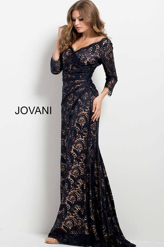 Thumbnail: Midnight Lace Fitted Long Sleeve Evening Dress 39503