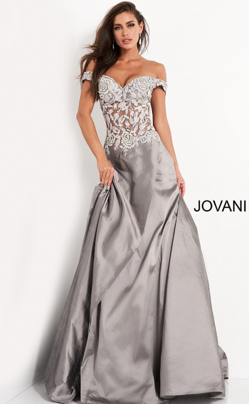 Miniatura: Jovani 03369 Grey Embroidered Bodice Taffeta Evening Dress