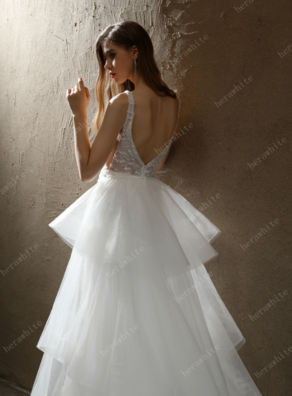 Thumbnail: Allover Beaded Sheath Wedding Dress with a Ruffled Skirt
