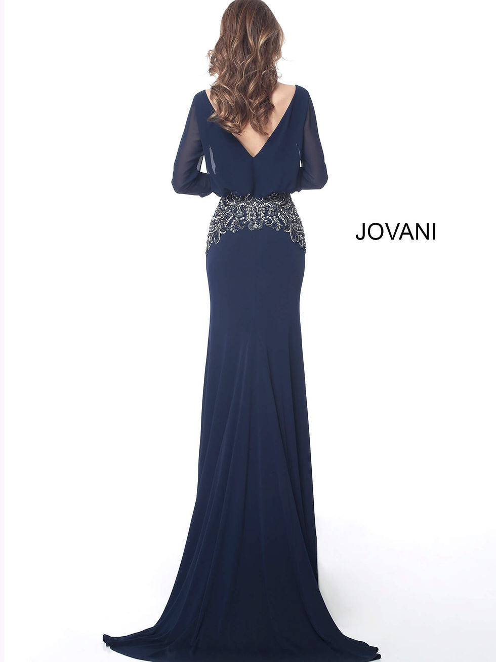Thumbnail: Navy Plunging Neckline Front Slit Evening Dress 60020