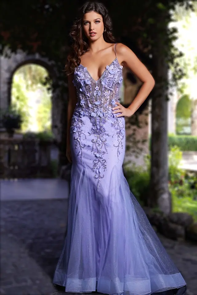 Thumbnail: Jovani - 05839 Beaded Floral Applique Corset Bodice Mermaid Gown