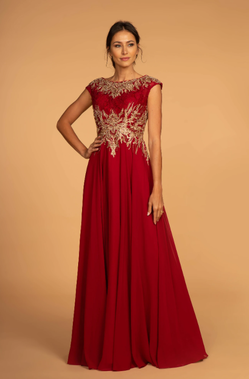 Boat Neck Cap Sleeves Embellished Lace Chiffon Dress