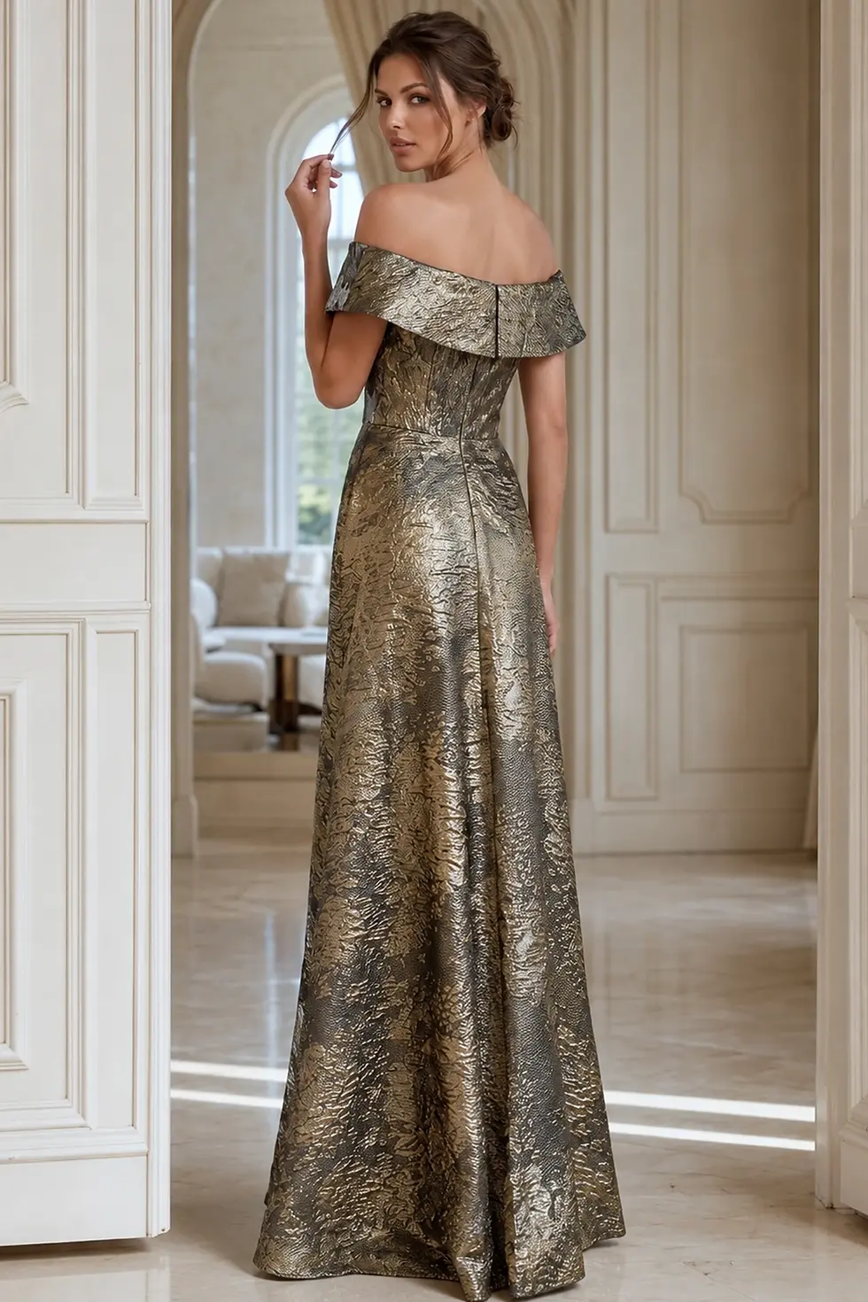Thumbnail: Jovani 40296 Green Off-Shoulder Gown with Textured Fabric