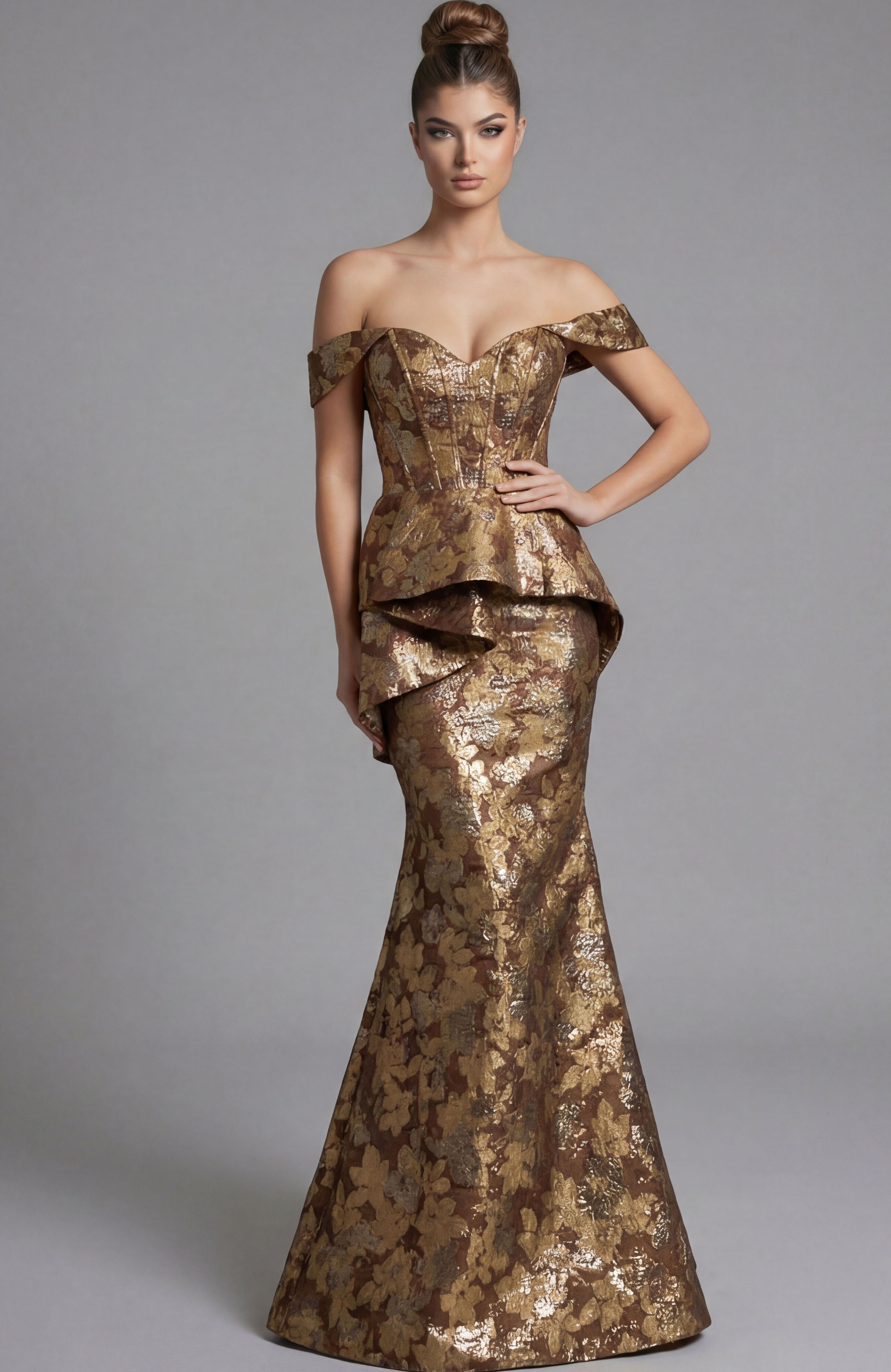Jovani Off Shoulder Gold Floral Brocade Gown With Peplum Detail 47052