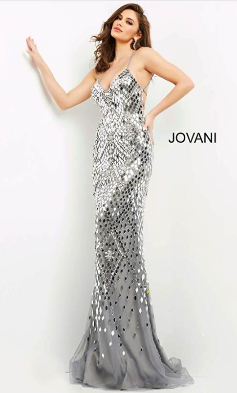 Thumbnail: JOVANI  06676 Gunmetal Lace Up Back Embellished Prom Dress