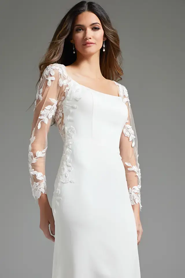 Thumbnail: Jovani Ivory Long Sleeve Sheath Bridal Dress - JB42297