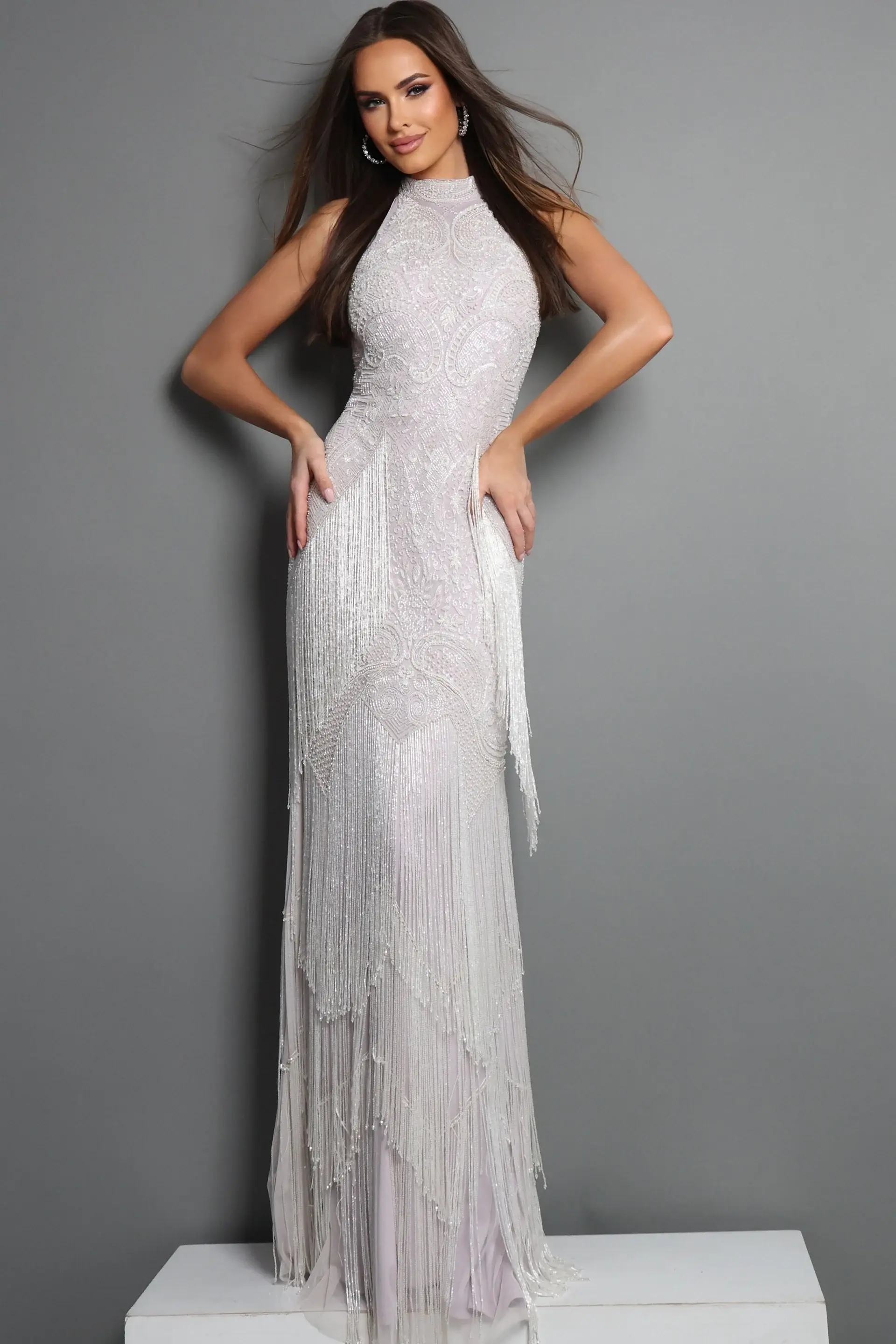 Jovani Halter Neck Art Deco Fringe Gown 44061