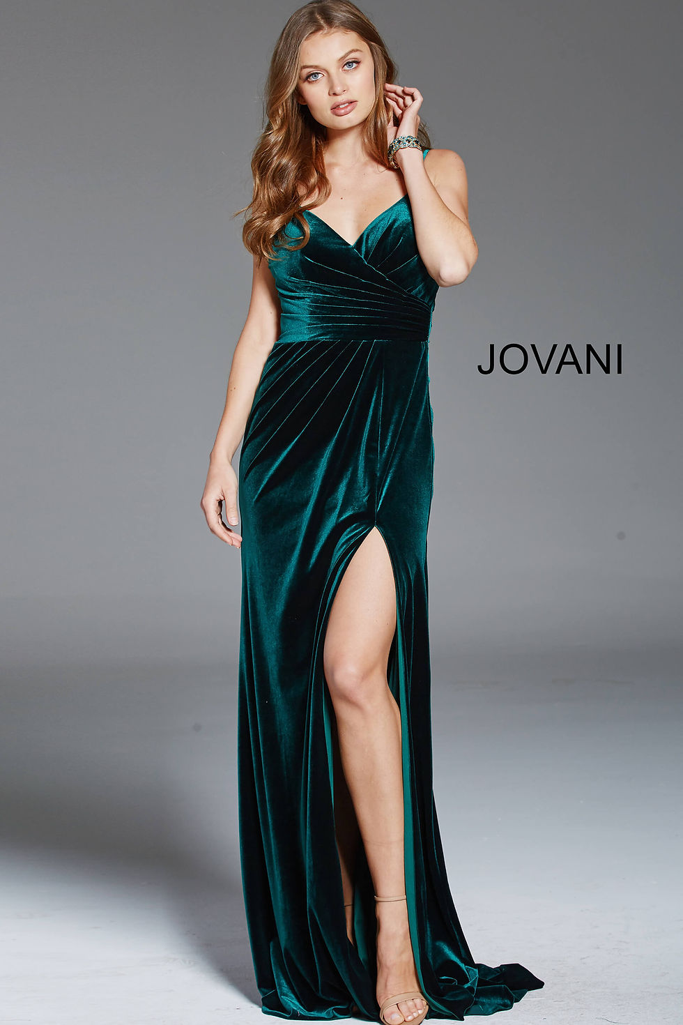 Thumbnail: Green Spaghetti Straps V Neck Velvet Dress 60777