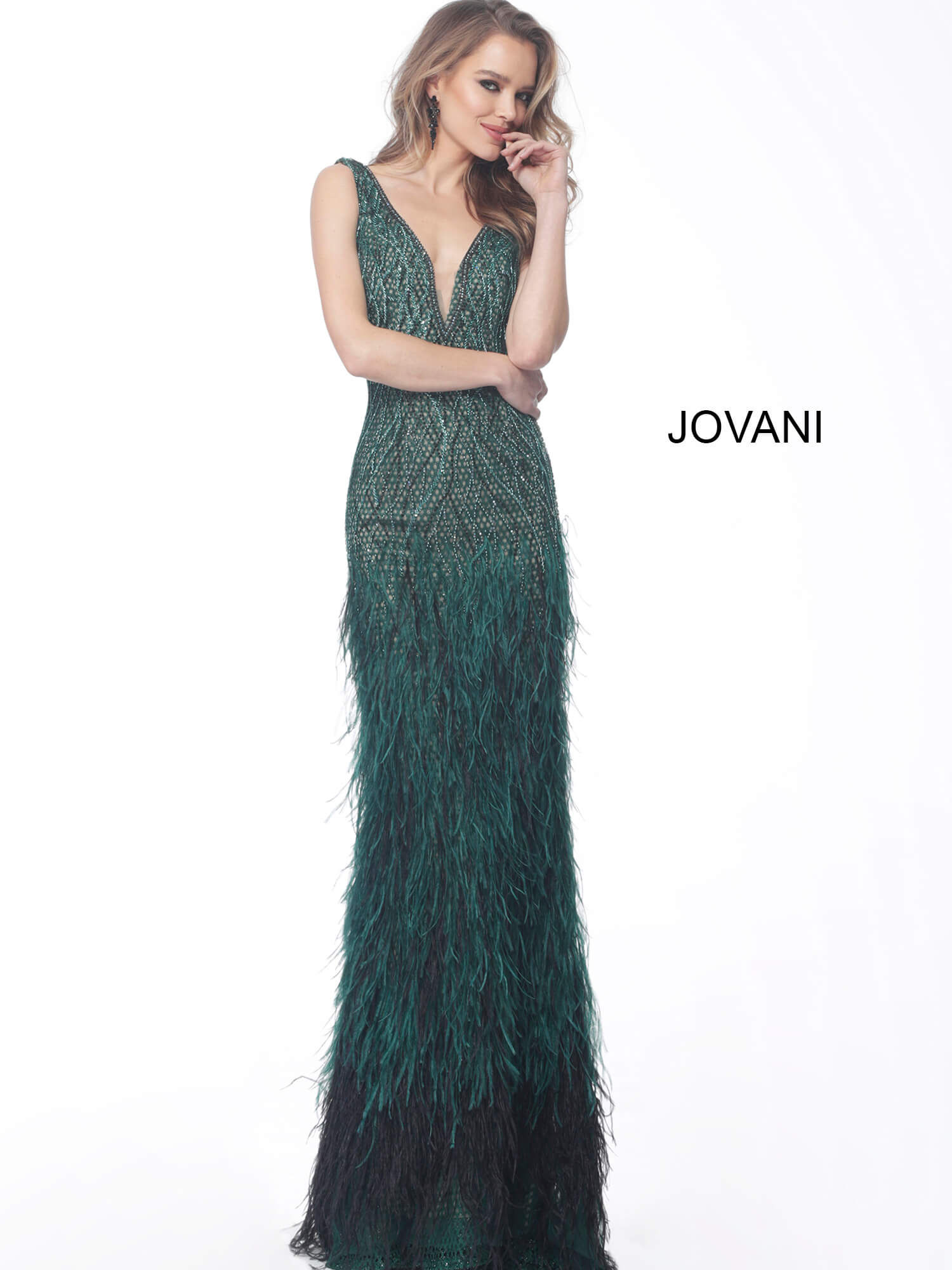 Emerald Feather Bottom Embellished Evening Gown 66003