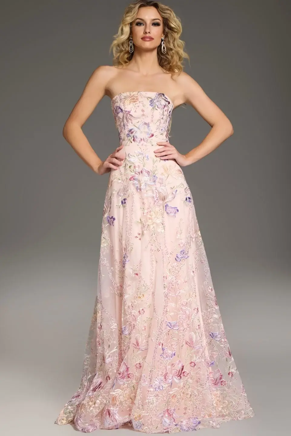 Thumbnail: Jovani Strapless A-Line Gown with Floral Embroidery 39144