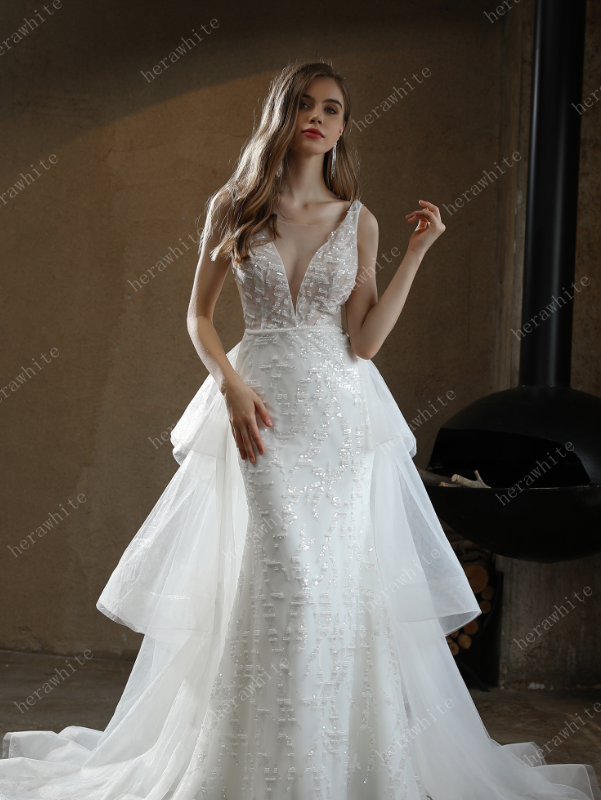 Thumbnail: Allover Beaded Sheath Wedding Dress with a Ruffled Skirt