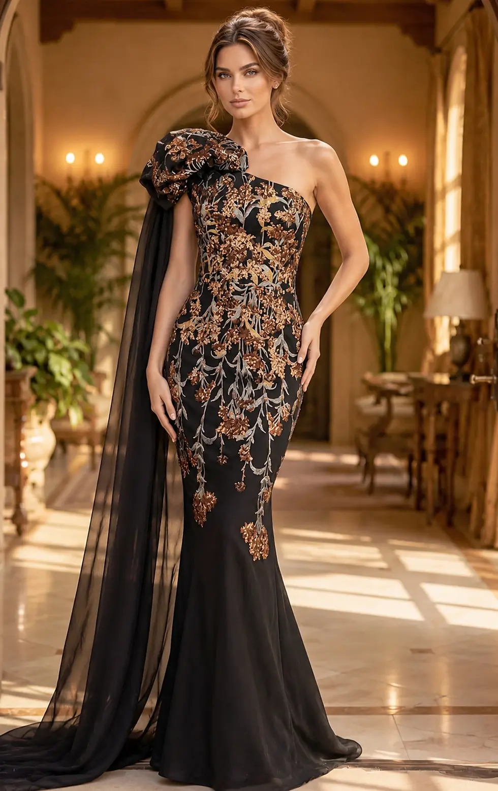 Miniatura: Jovani Floral Applique One Shoulder Cape Gown 46243